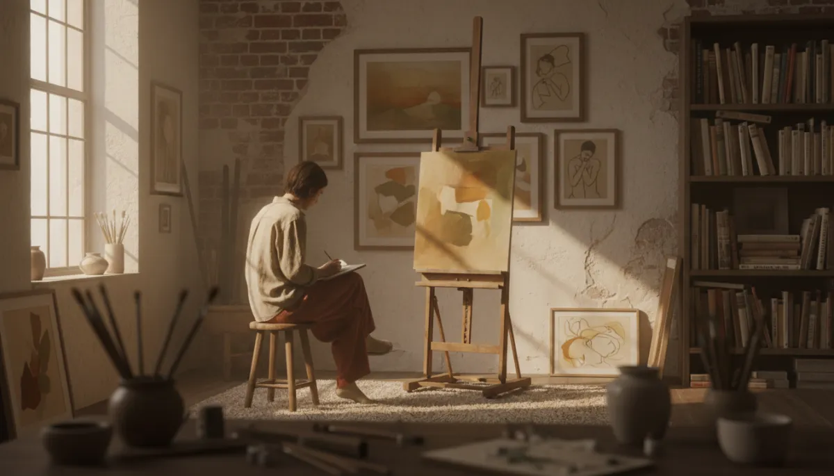 photorealistic, warm neutral tones, muted earthy palette, ruhige Atelier-Ecke mit Staffelei, an der Wand mehrere kleine gerahmte Arbeiten, eine Person sitzt auf einem Hocker, hält ein Notizbuch und reflektiert, diffuses warmes Licht, konzentrierte stille Atmosphäre