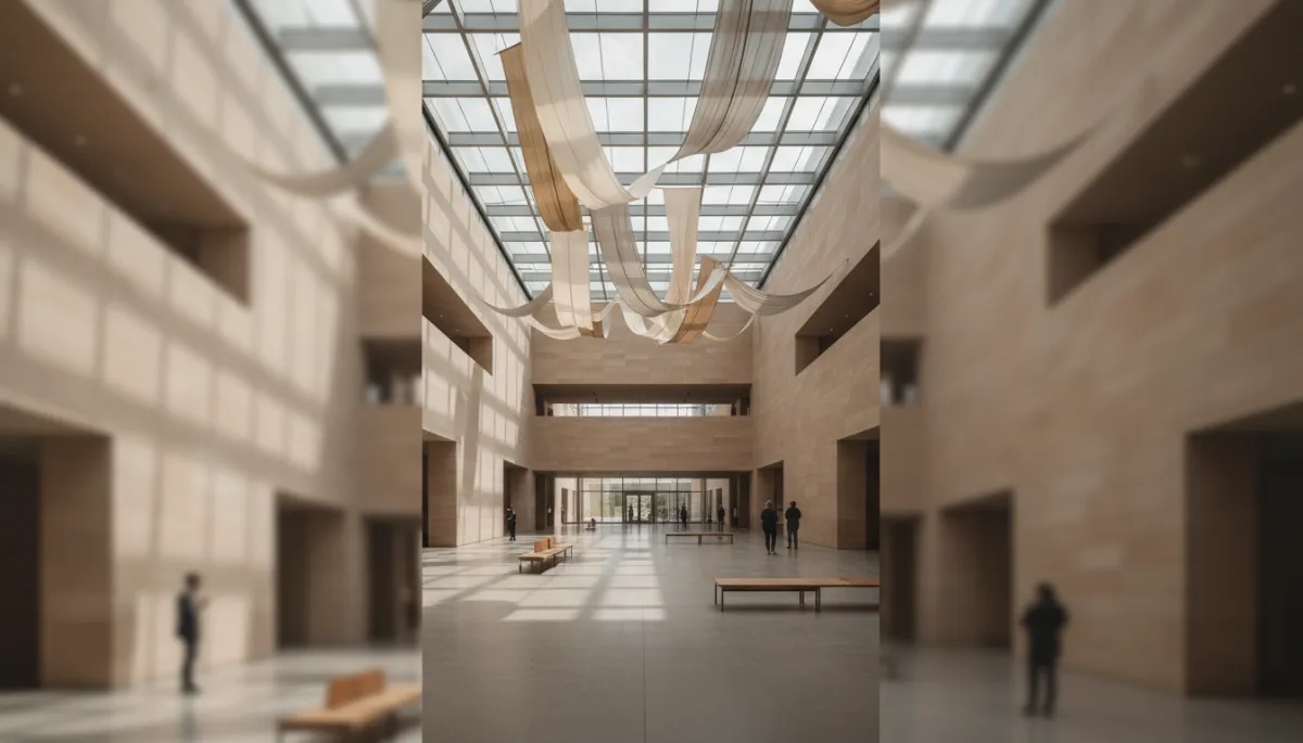 Zeitgenössische Kulturarchitektur mit ruhiger, atmosphärischer Lichtstimmung Zeitgenössische Kulturarchitektur mit ruhiger, atmosphärischer Lichtstimmung