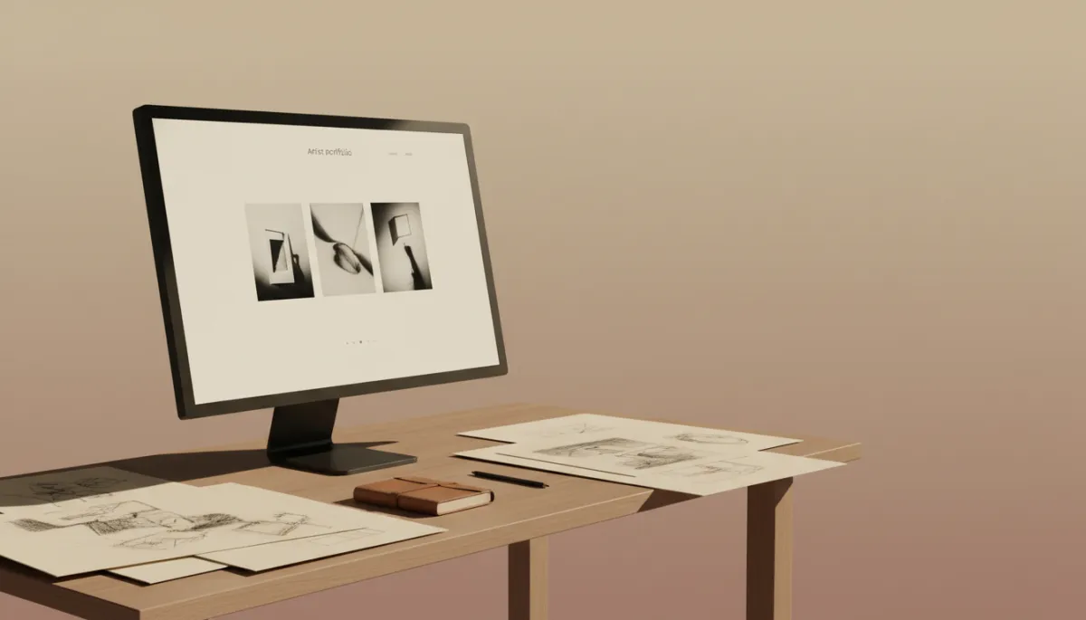 Minimalistische Darstellung einer Künstlerwebsite auf einem Monitor in einem Atelier