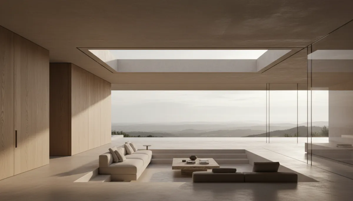 Minimalistische Architektur mit warmen Materialien und präziser Komposition