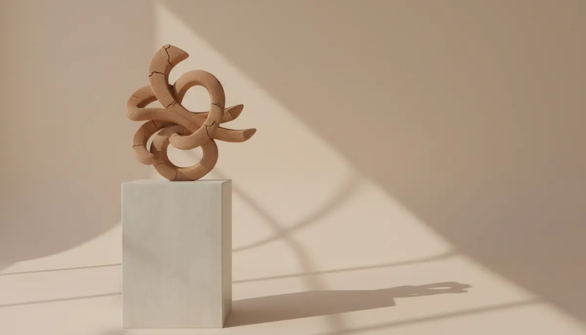Reduzierter Raum mit einzelner Skulptur im warmen, atmosphärischen Licht