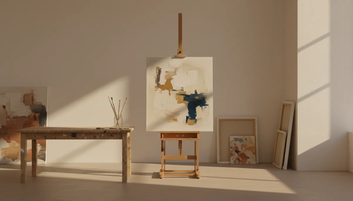 Minimalistisches Atelier mit Staffelei, Pinselglas und warmem Seitenlicht