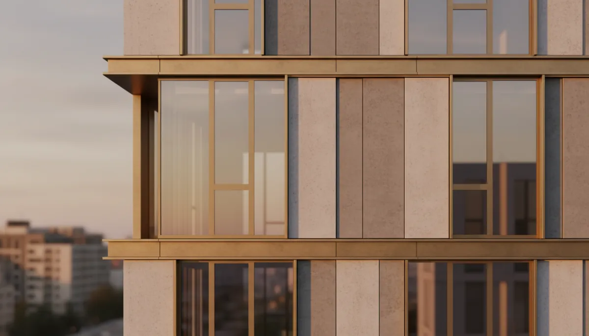 Detail einer hochwertigen Fassade mit Beton, Glas und Metall im Abendlicht