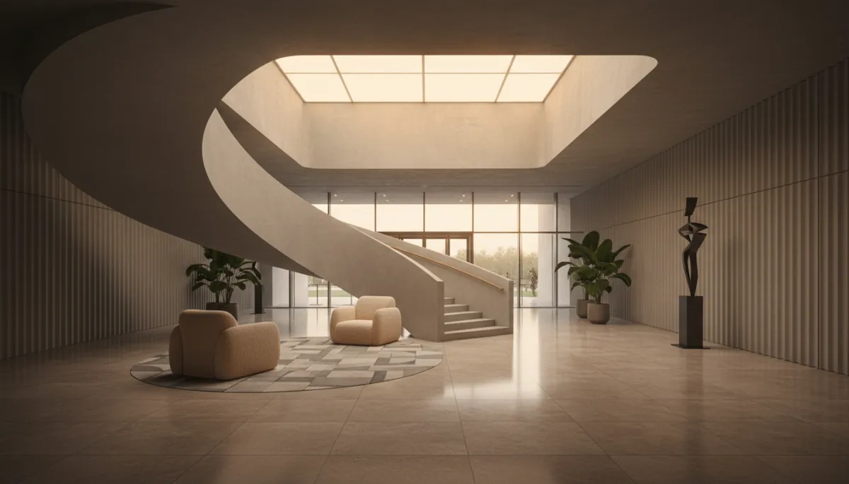 Ruhige Lobby eines zeitgenössischen Kulturbaus mit skulpturaler Treppe