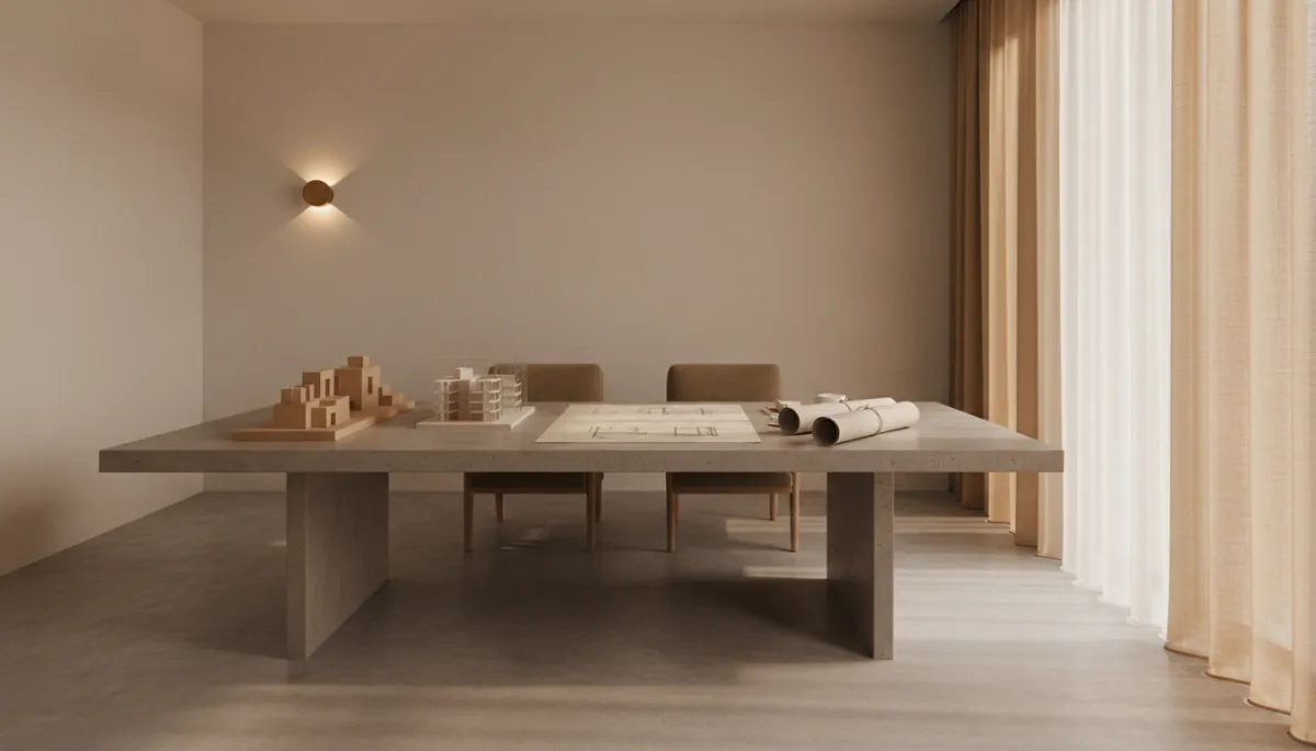 photorealistisch, ruhiger minimalistischer Innenraum eines Architekturbüros mit großem Tisch, reduzierter Materialität, weiches Seitenlicht durch hohe Fenster, wenige sorgfältig platzierte Modelle und Pläne, dezente warme Töne