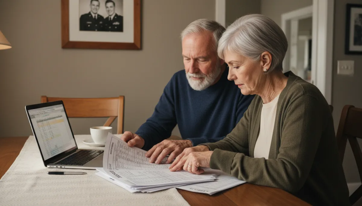 photographic realistic close-up of a veteran couple at a dining table reviewing printed budget worksheets and a laptop, muted navy and olive tones, warm indoor lighting, simple decor with framed service photo on the wall