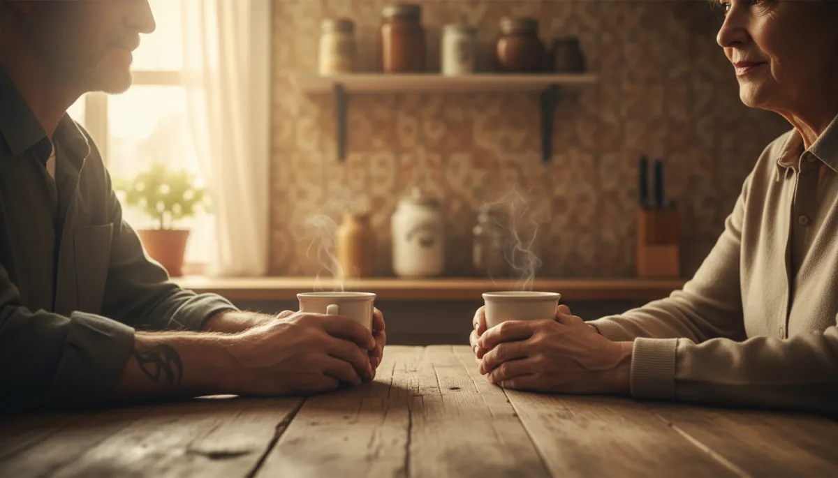 photographic realistic close-up of a veteran and a supportive friend sitting at a kitchen table with coffee, hands resting near each other, warm timeless color scheme with soft natural light