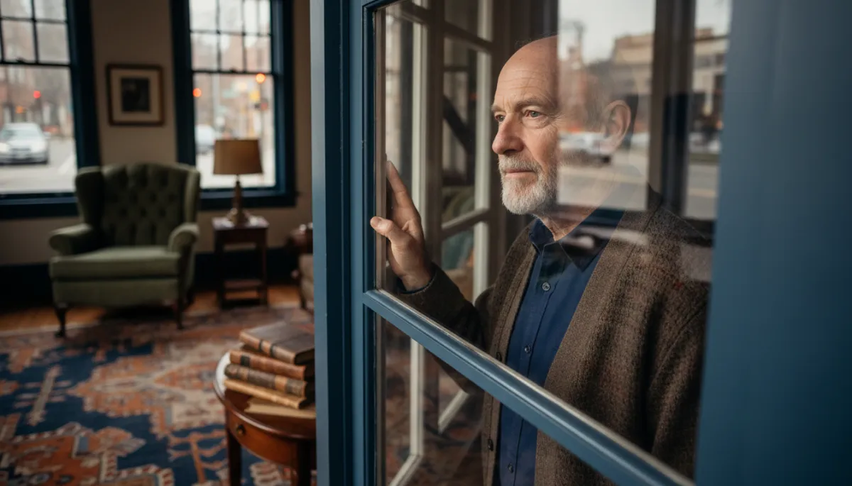 Veteran looking out a window, pausing to manage emotions