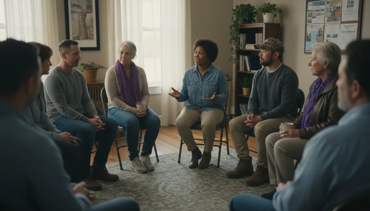 Veterans participating in a mental health support group discussion