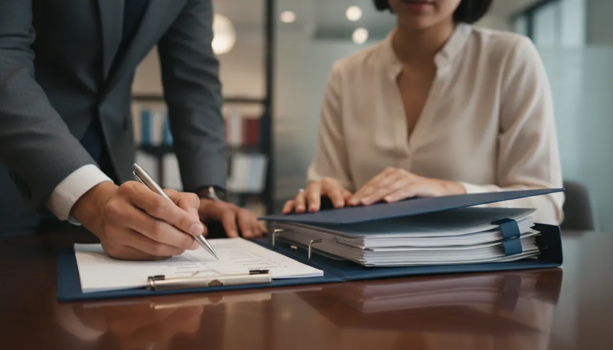 Two individuals reviewing an insurance claim checklist and documents in an office