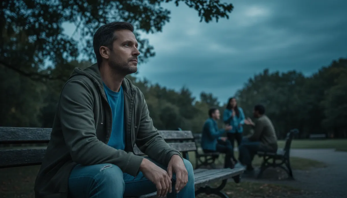 Veteran sitting alone on a park bench watching others socialize