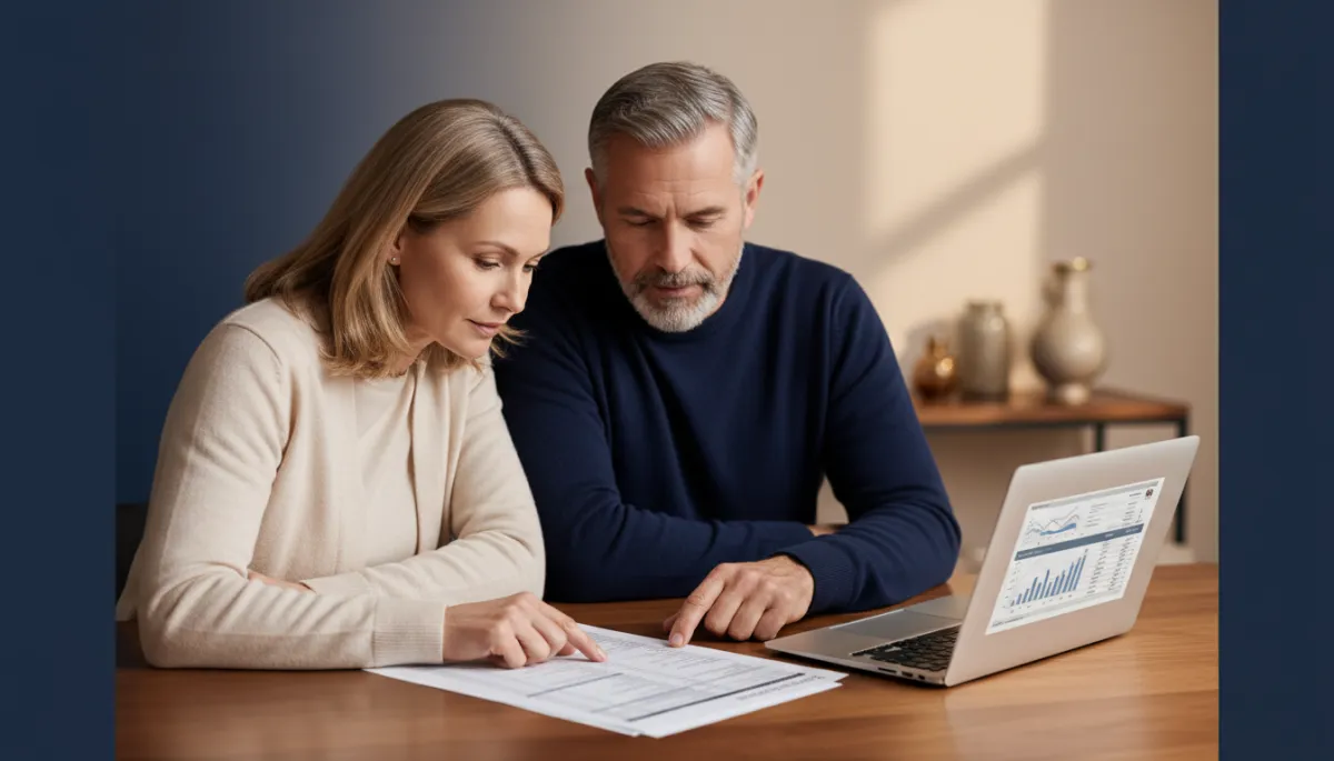 photorealistic close-up of a veteran and partner at a dining table, calmly reviewing a printed budget with a laptop open, soft warm lighting, timeless navy and beige color palette