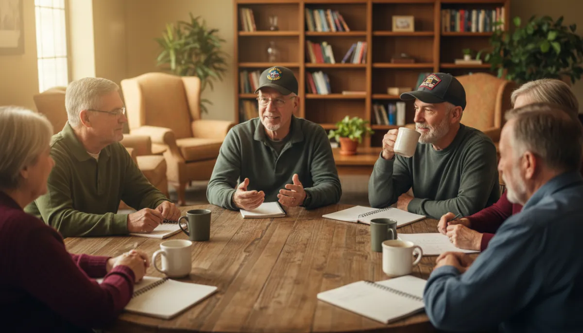 Veterans talking around a table in a community setting