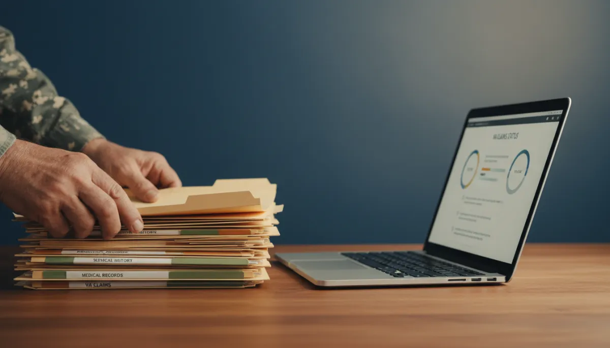 Veteran organizing medical and service records beside a laptop showing VA claim status