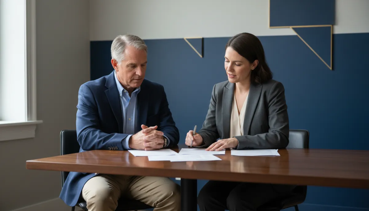 Veteran discussing vocational rehabilitation options with a counselor in an office