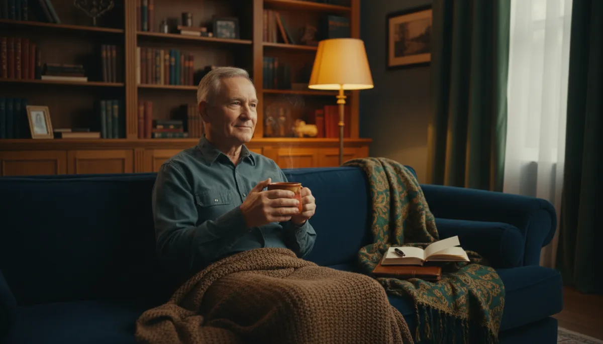Veteran relaxing in a softly lit living room with a warm drink