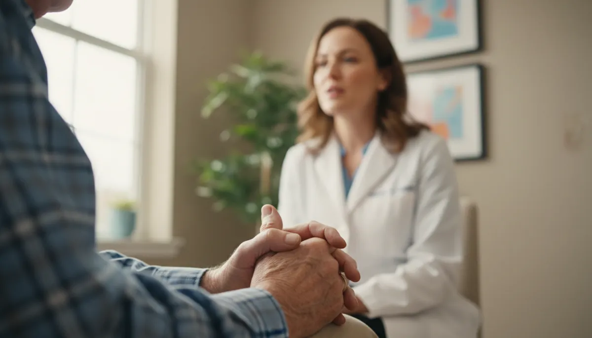 photographic realistic close-up of a veteran’s hands clasped together while speaking with a clinician, soft timeless tones, blurred clinician in background listening attentively, calm clinical office environment
