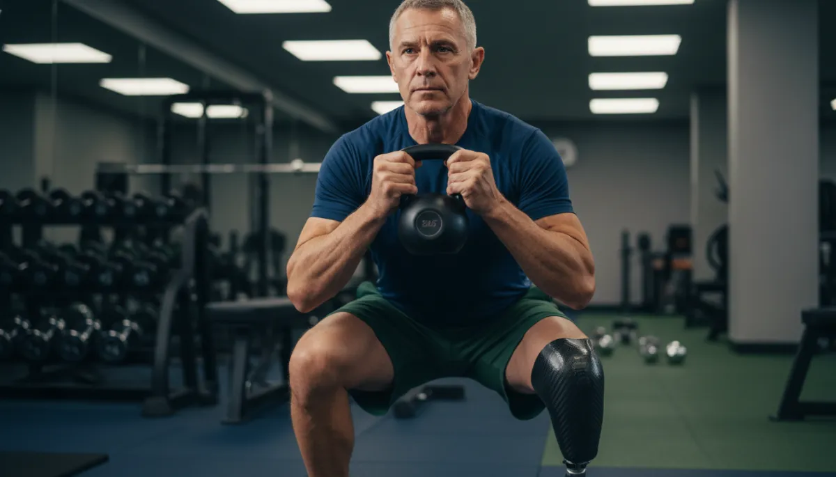 Veteran performing a goblet squat with a kettlebell in a gym