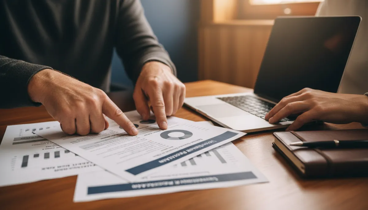 Hands of a veteran and counselor reviewing a vocational rehabilitation plan and labor market data