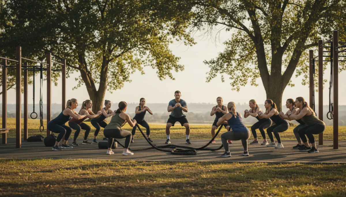 Group of former service members exercising together in an outdoor fitness area