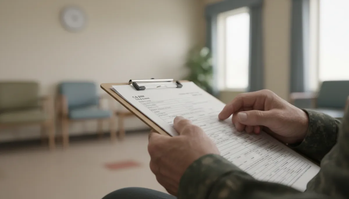 Veteran holding paperwork while waiting for a C&P medical evaluation