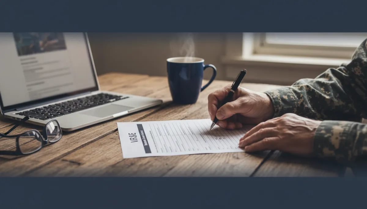 Veteran completing VR&E application forms with supporting documents