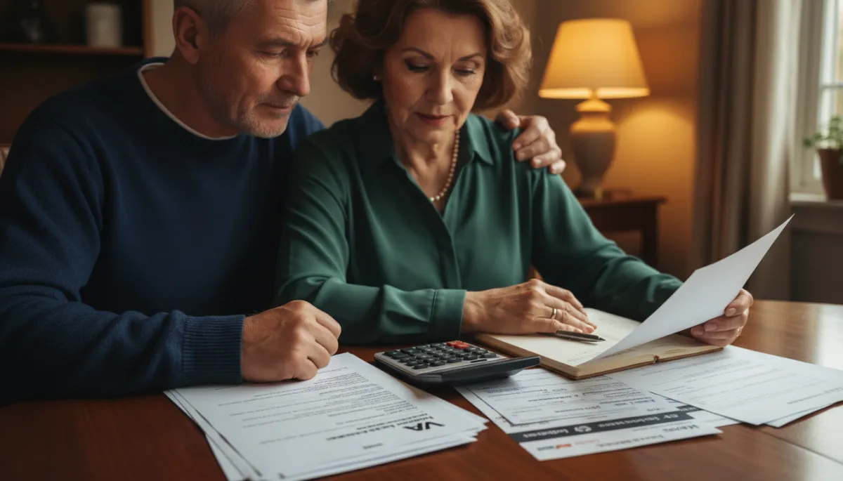 Veteran couple comparing VA and civilian debt statements at home