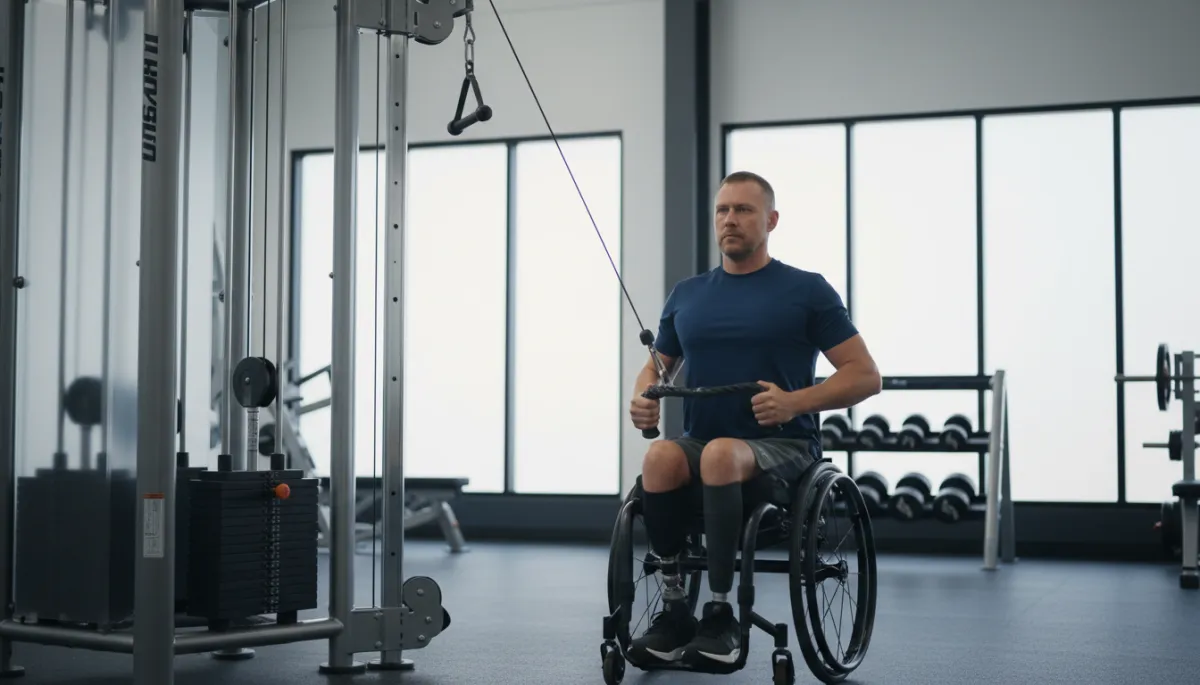 Veteran in a wheelchair performing seated strength training in a gym