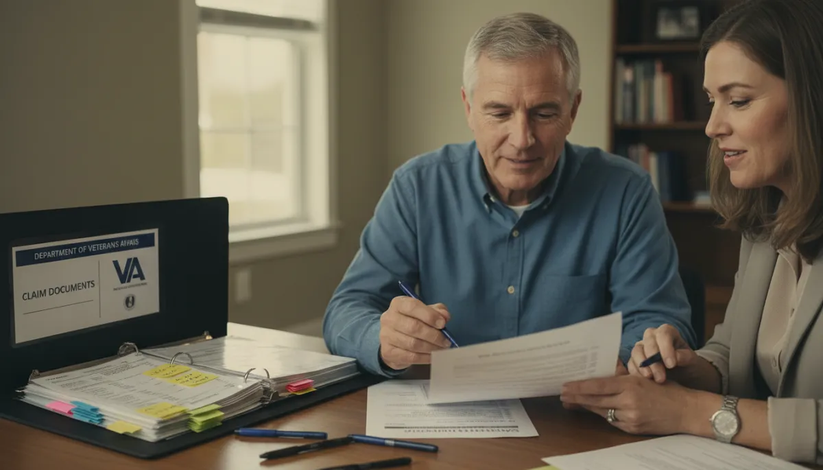 Veteran and representative reviewing a VA claim checklist together