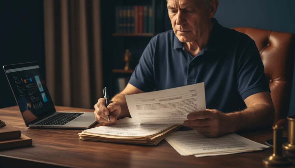 Veteran reviewing printed C&P exam report and medical records at a desk