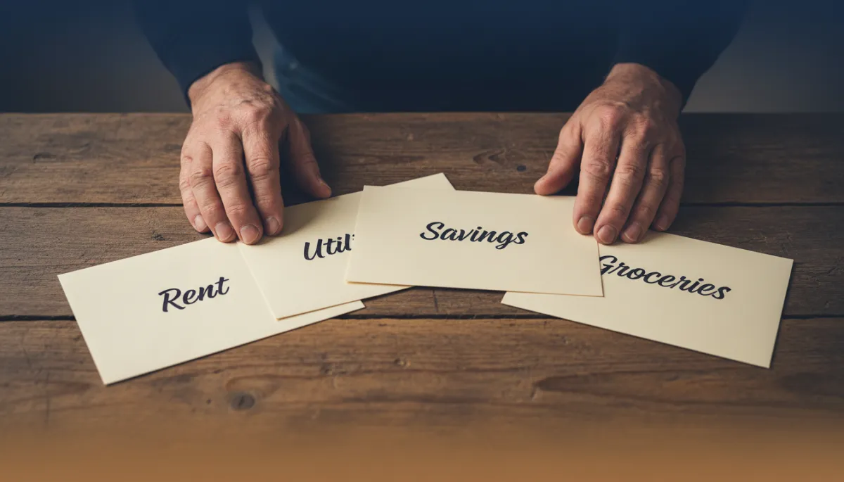Hands organizing budget envelopes labeled for monthly expenses