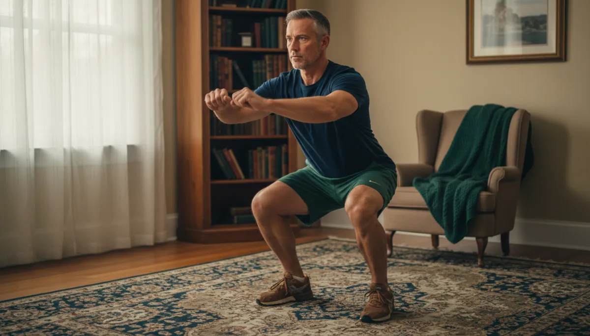 Veteran practicing bodyweight squats at home as part of a rehabilitation fitness plan