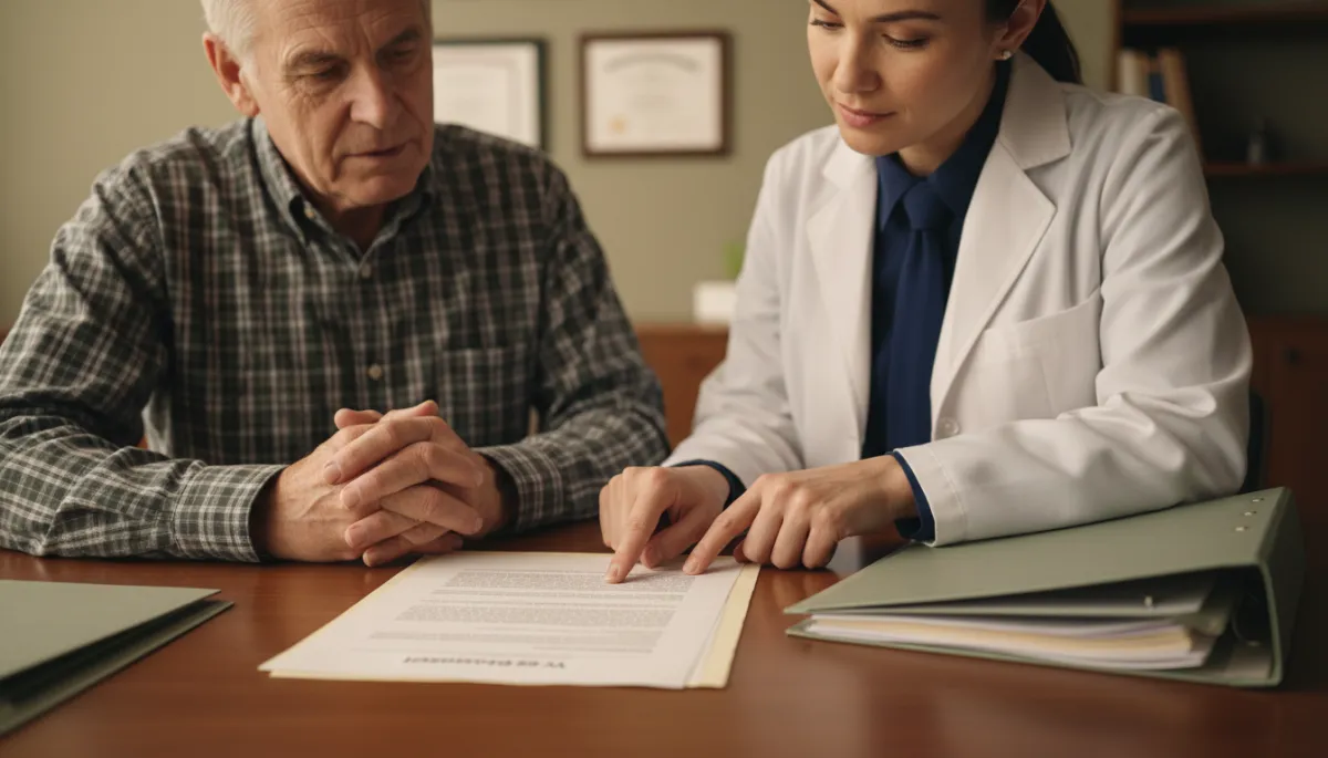 photorealistic close-up of a veteran and a physician in a quiet medical office reviewing a printed VA Disability report together, doctor pointing to a section of the document, soft neutral lighting, navy tie and muted green folders to match timeless tones