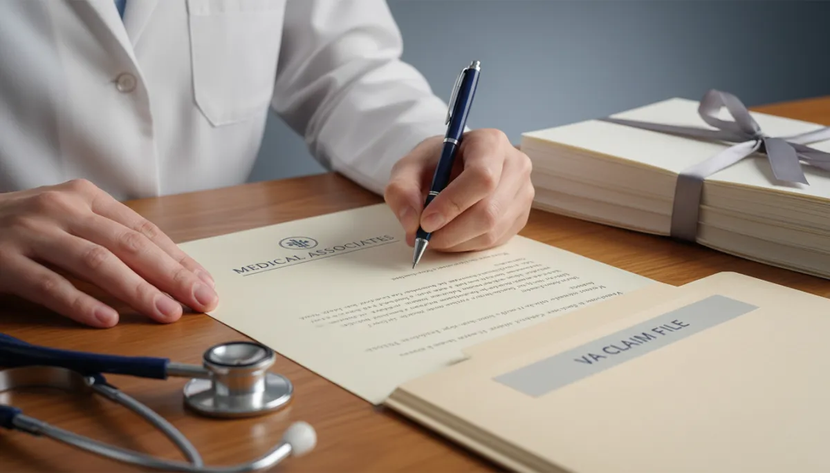 Doctor preparing a detailed Nexus Letter alongside VA claim paperwork