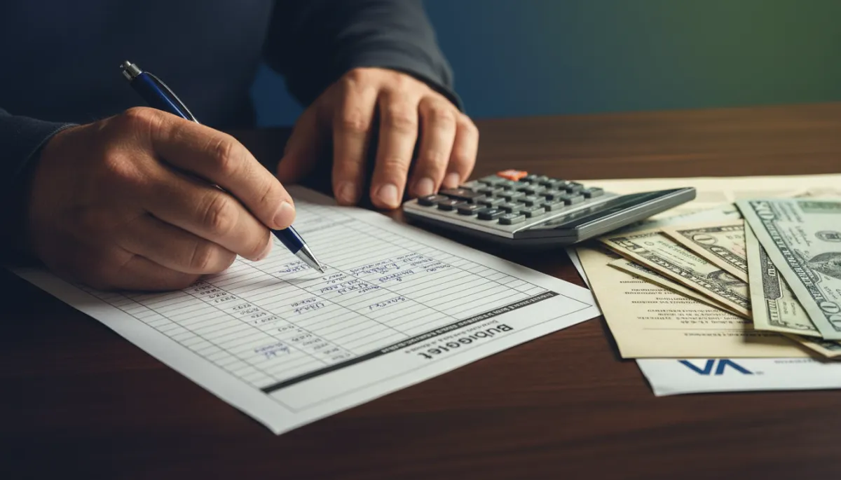 photorealistic close-up of a veteran’s hands holding a pen over a printed budget worksheet, with a calculator, VA documents, and a neatly stacked pile of bills on a dark wooden desk, soft navy and forest green accents in a calm, timeless tones color palette