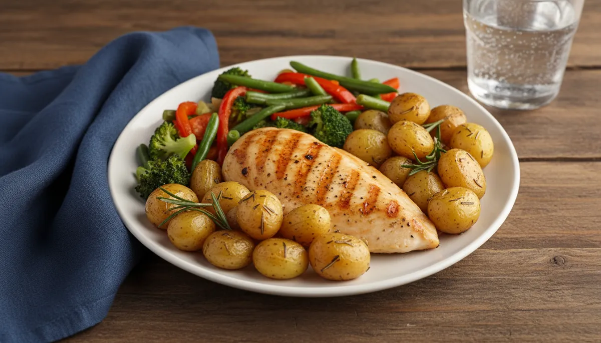 Balanced dinner plate with lean protein, vegetables, and potatoes