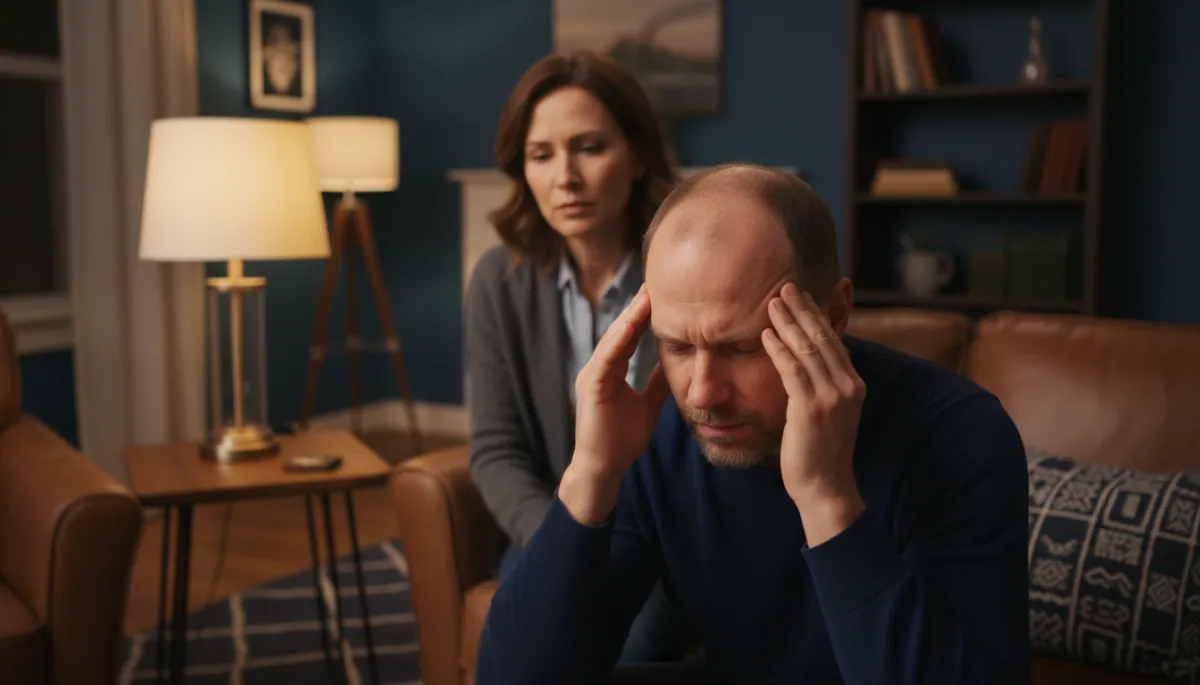 Veteran sitting in a living room at night, looking overwhelmed while a partner watches with concern