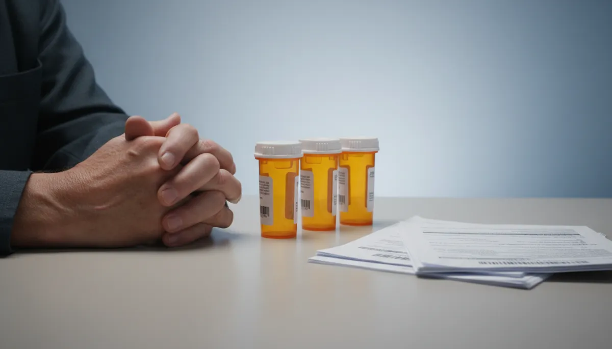 Veteran’s prescription medications and lab reports arranged on a desk