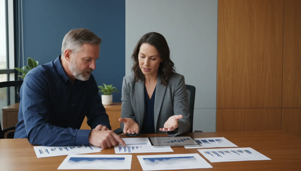 photographic realistic scene of a veteran meeting with a financial counselor at a VA office, both looking at printed charts and a tablet, calm timeless color palette with navy, gray, and warm wood tones