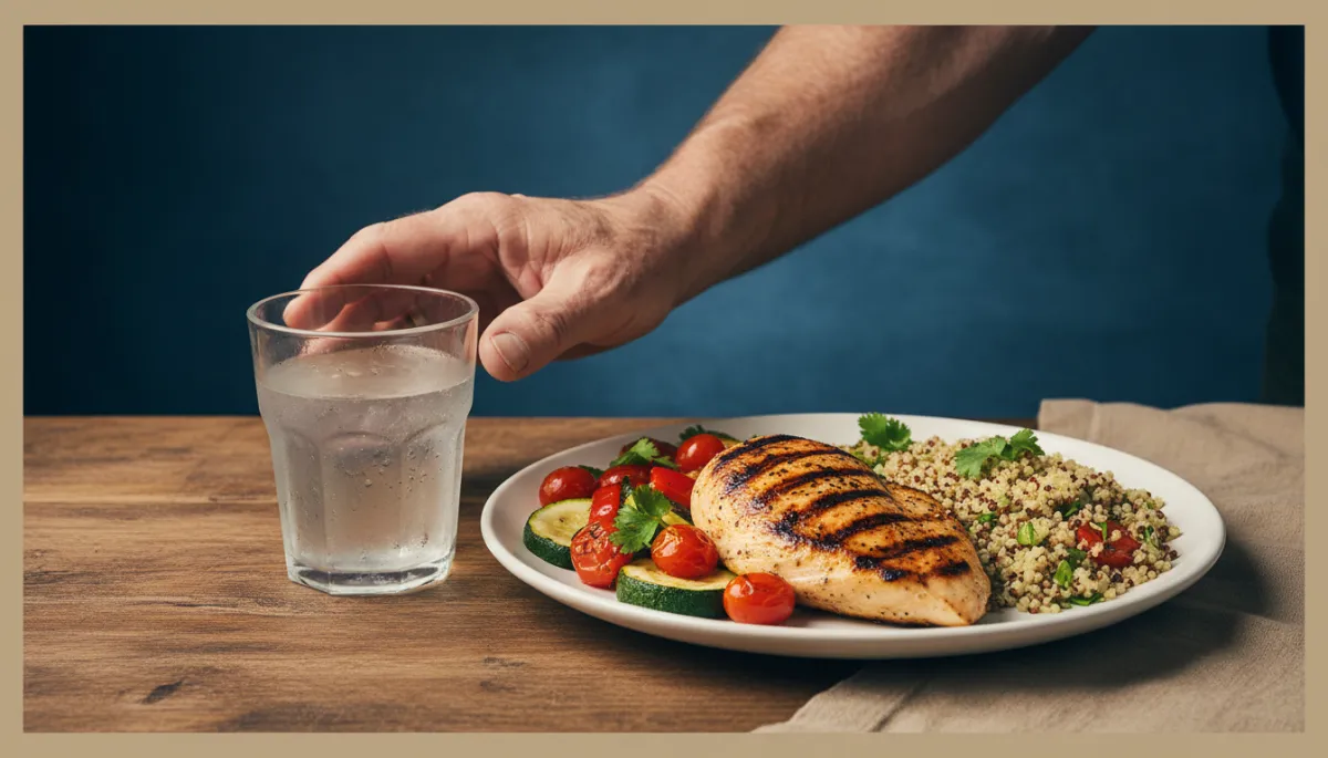Healthy meal and water glass on a table