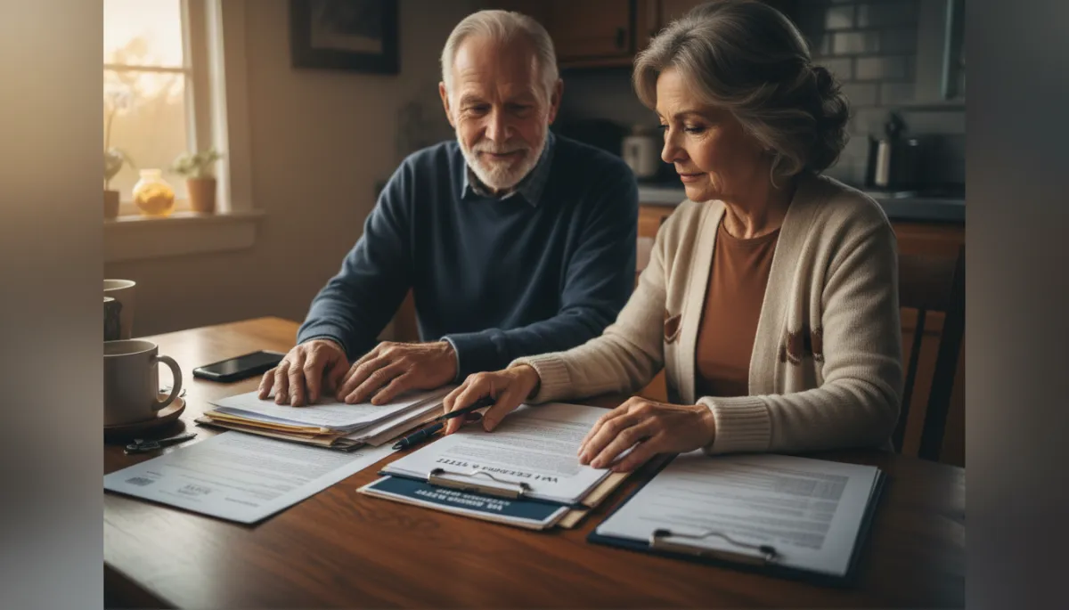Veteran and spouse reviewing VA claim decision letters and records at a table