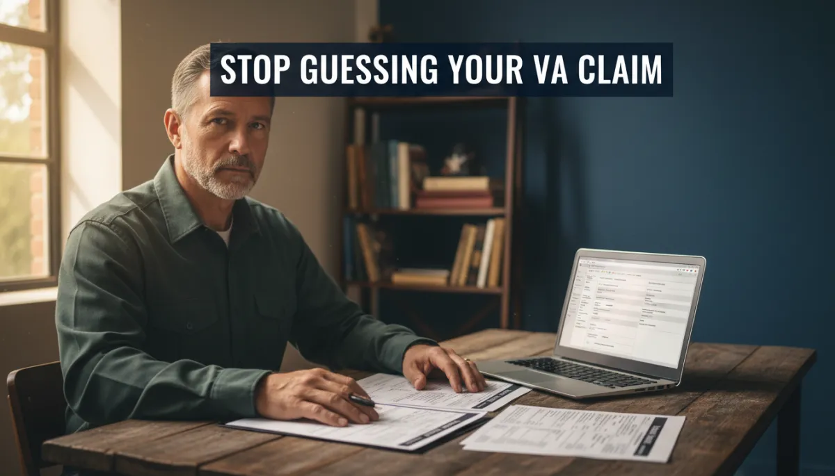 photorealistic scene of a determined veteran at a wooden desk, paperwork and laptop open with VA claim forms visible, warm natural light from a window, muted navy and earth tones, TITLE:Stop Guessing Your VA Claim