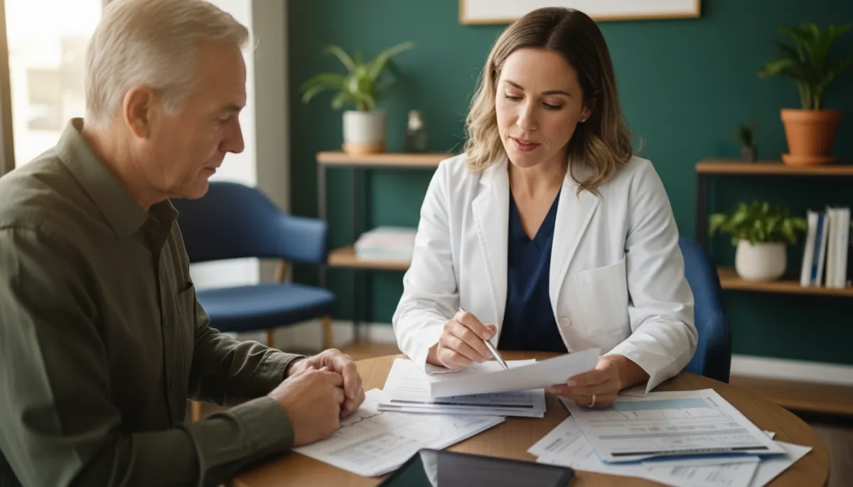 Veteran and physician reviewing medical records together in a clinic setting
