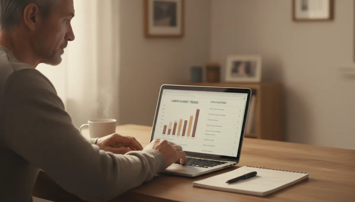 Veteran researching labor market data and job options on a laptop