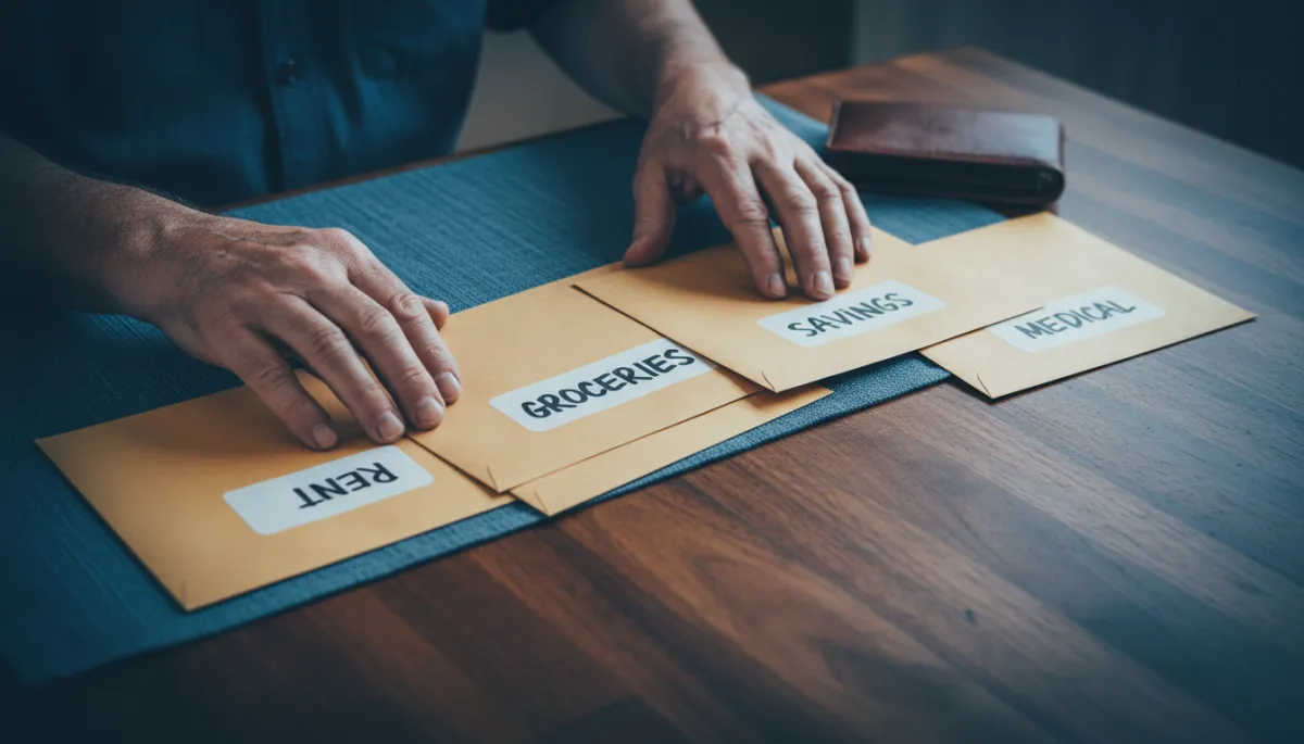 Veteran organizing monthly budget envelopes for key expense categories