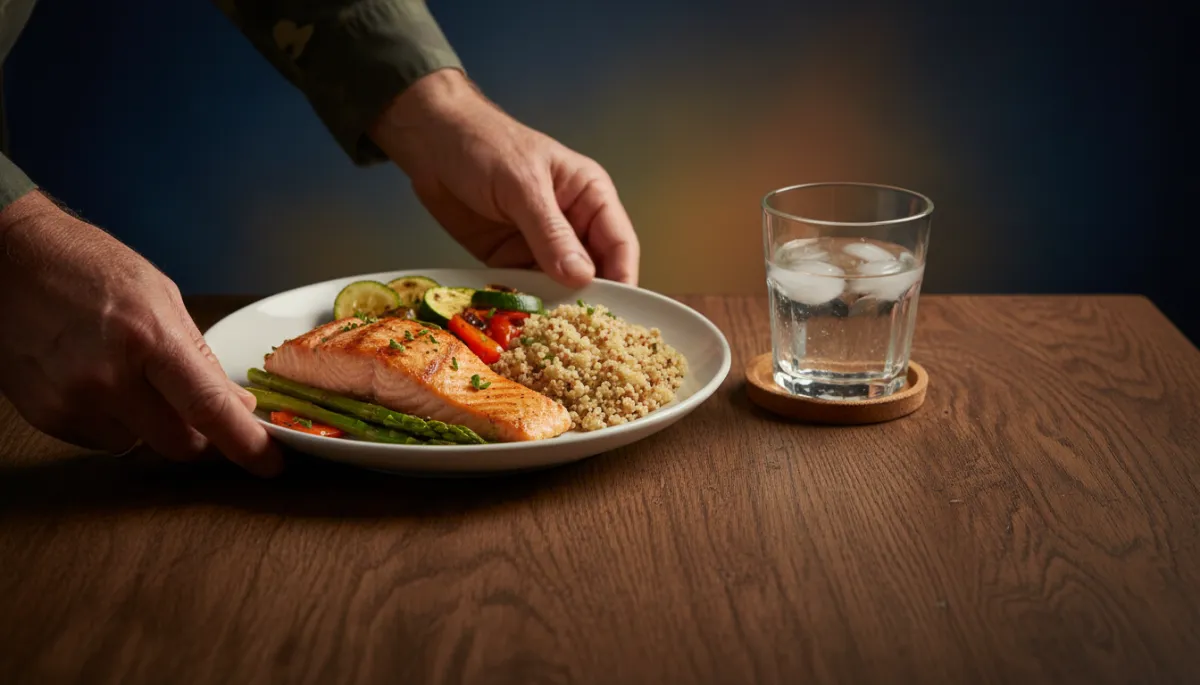 Balanced meal with salmon, vegetables, and whole grains on a wooden table