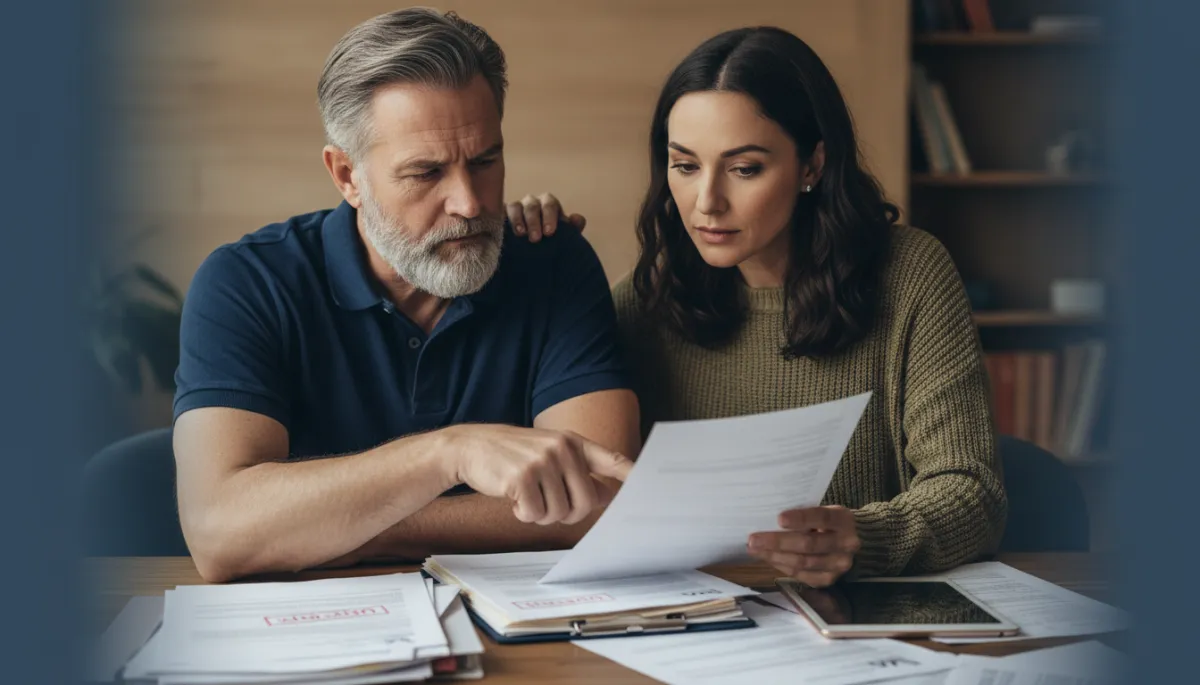 Veteran and spouse reviewing VA decision letters and medical records together