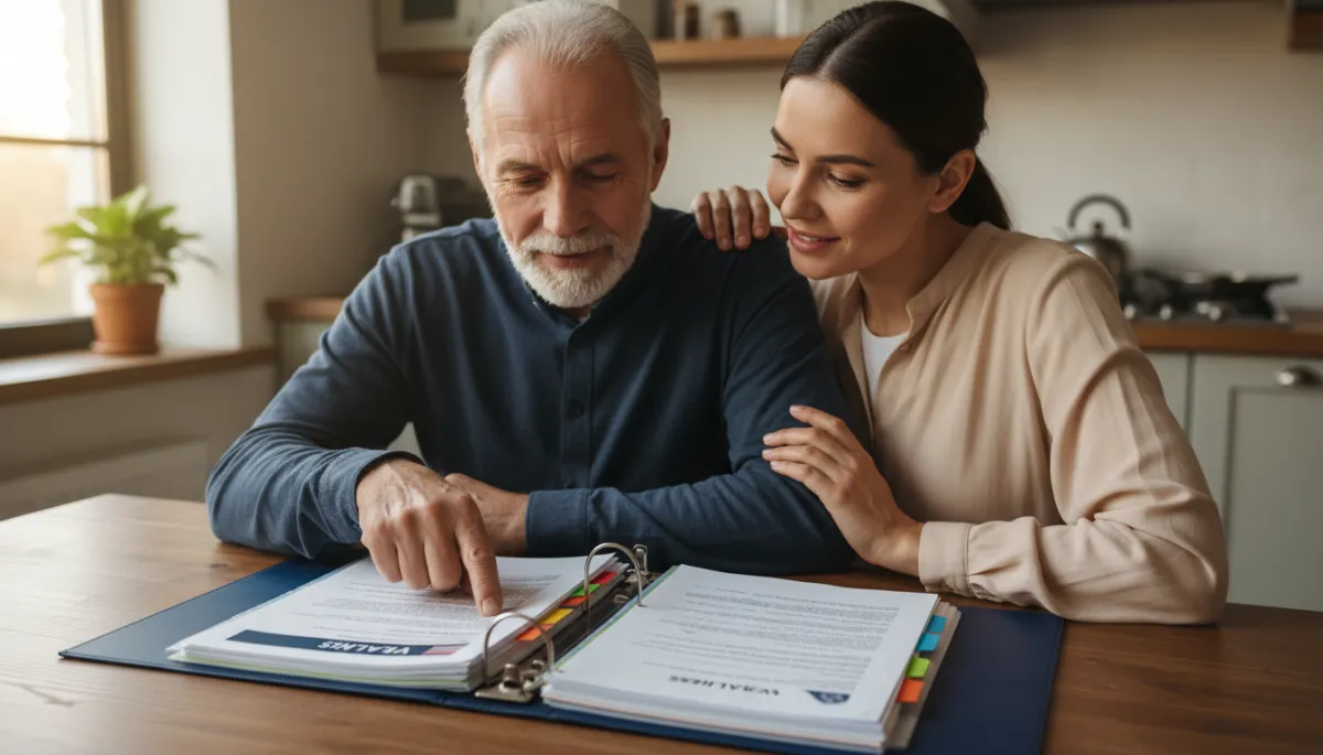 Veteran and family member organizing VA claim documents at home
