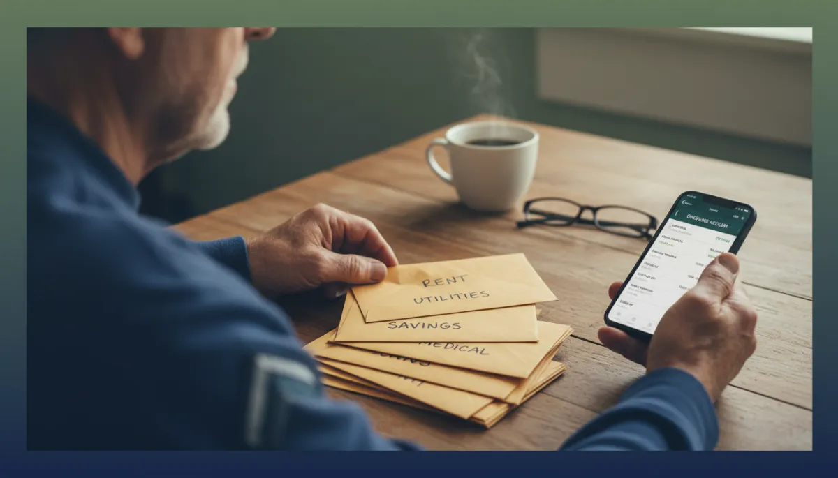 Veteran organizing bills and budgeting envelopes while reviewing a banking app