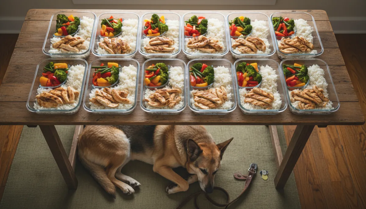 Prepared meal containers with balanced portions of protein, grains, and vegetables